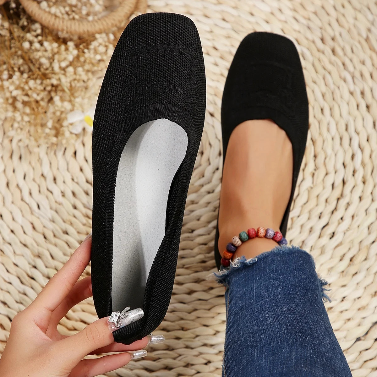 Womens Flat Shoes Solid Color Knitted Slippers Casual Breathable Ballet Soft Shoes Womens Flat Shoes Zapatos De Mujer 241213
