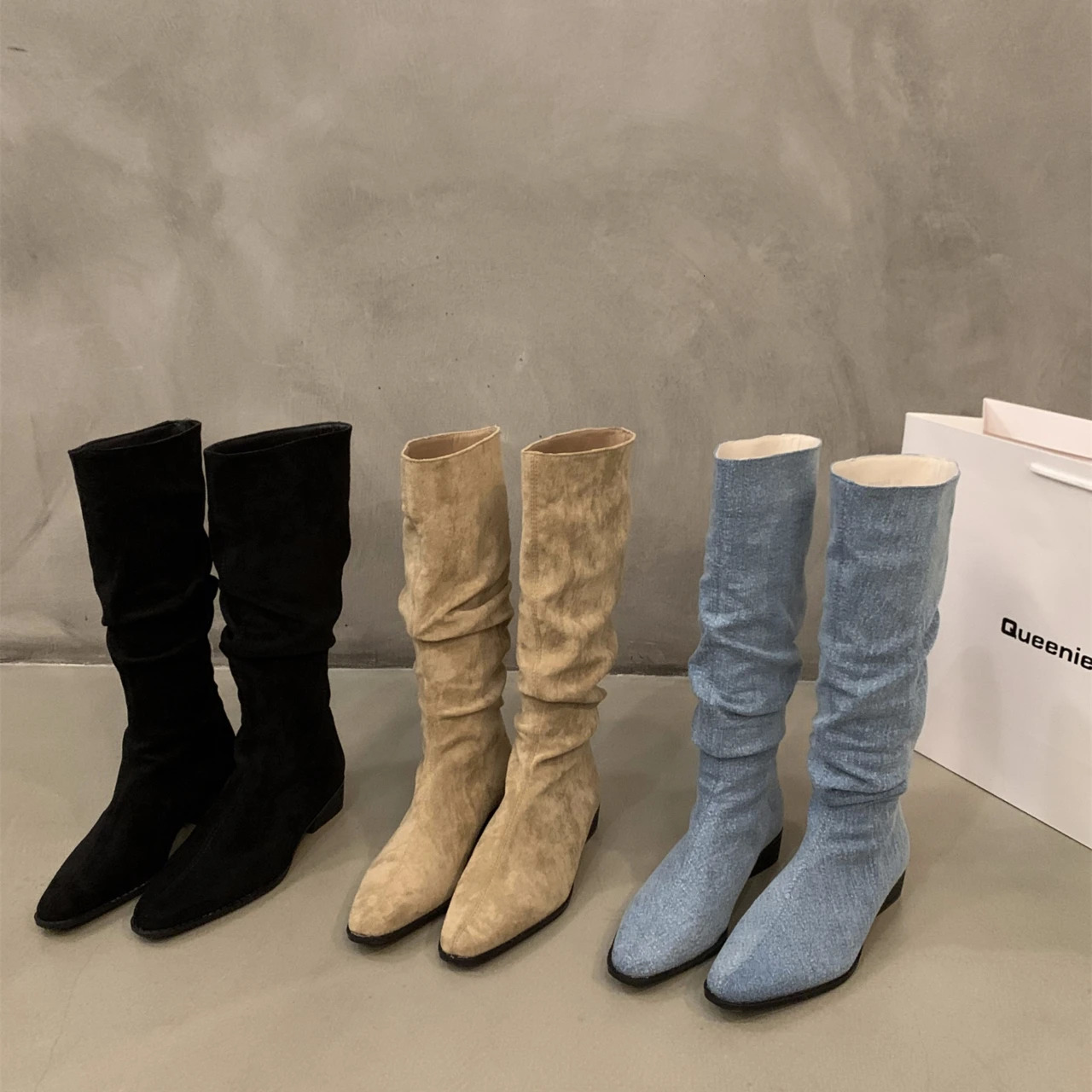 Womens knee high boots autumn and winter womens shoes fashionable womens sliding up folding low toe boots Botas De Mujer D81 241213