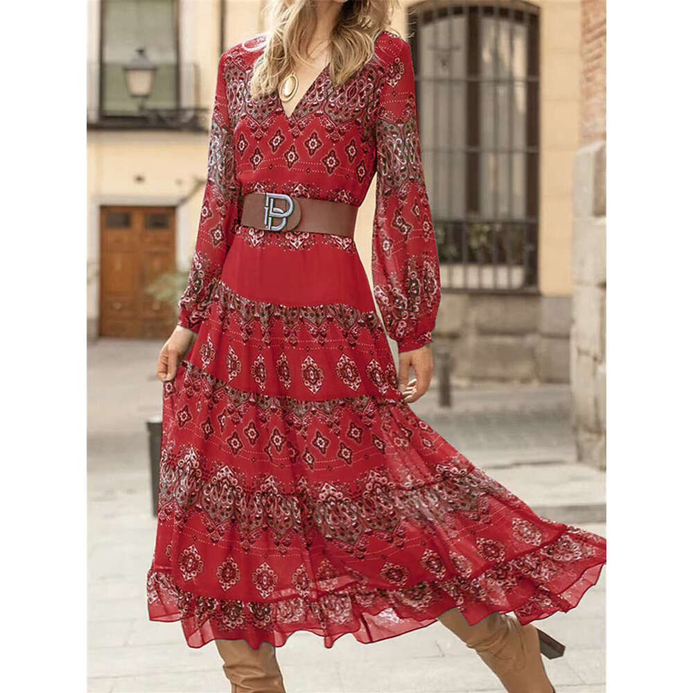 European And American Sleeved V-Neck Waist Cinching Slimming A-E Baroque Printed Dress Elegant Large Swing Long Skirt With Belt Fashionable Quality Cl