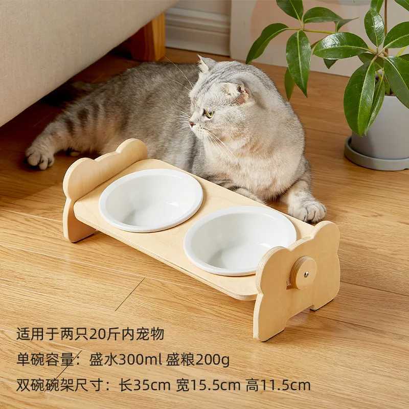 Cat Feeders Bamboo Elevated Puppy Cat Bowls with Stand Adjustable RaisedCat Food Water Bowls Holder Rabbit Feeder for Small Medium Pet z241213