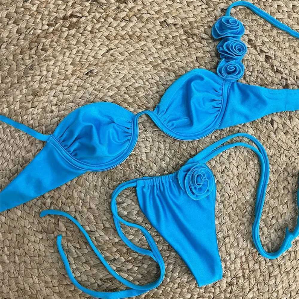 Sexy 3D Flower Blue Push Up Bikinis Set 2024 Women Wrinkd Underwired Swimwear Micro Thong Swimsuit Bathing Suit Bikini MujerXJ241212