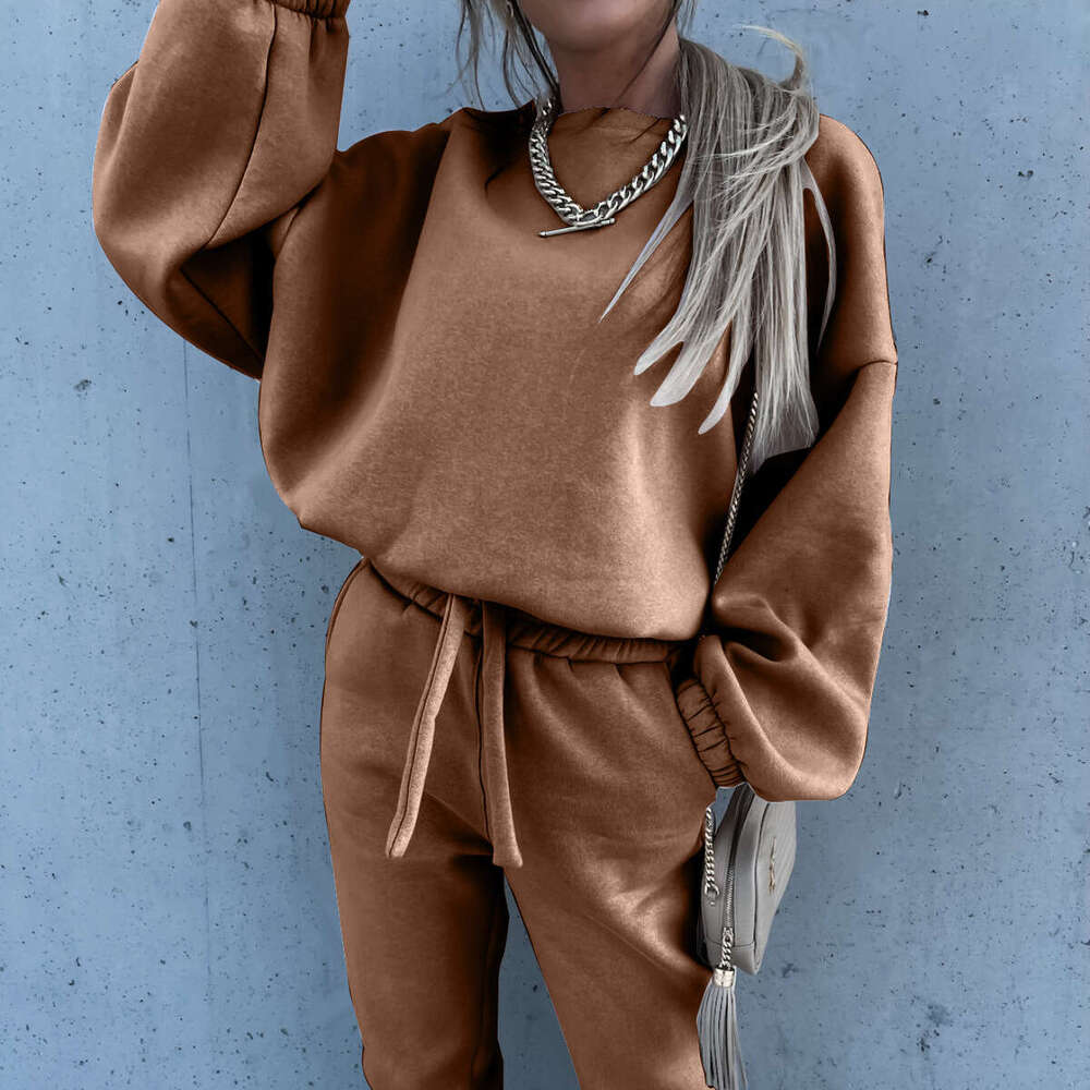 European American Foreign Trade Autumn And Winter New Solid Color Hoodie Two-Piece Set Trendy Clothing Fashion Casual Temperament