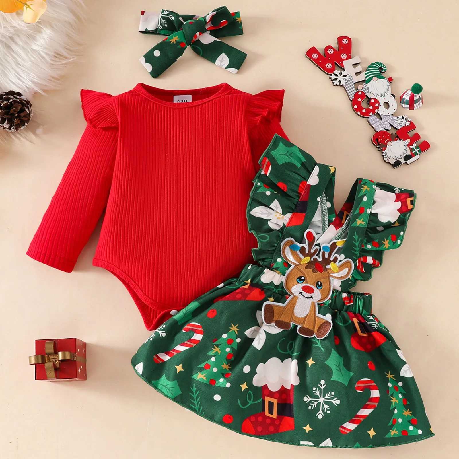 3 pieces of Christmas newborn baby clothing set Christmas set long sleeved jumpsuit deer Santa Claus skiing headband childrens clothing set W241213