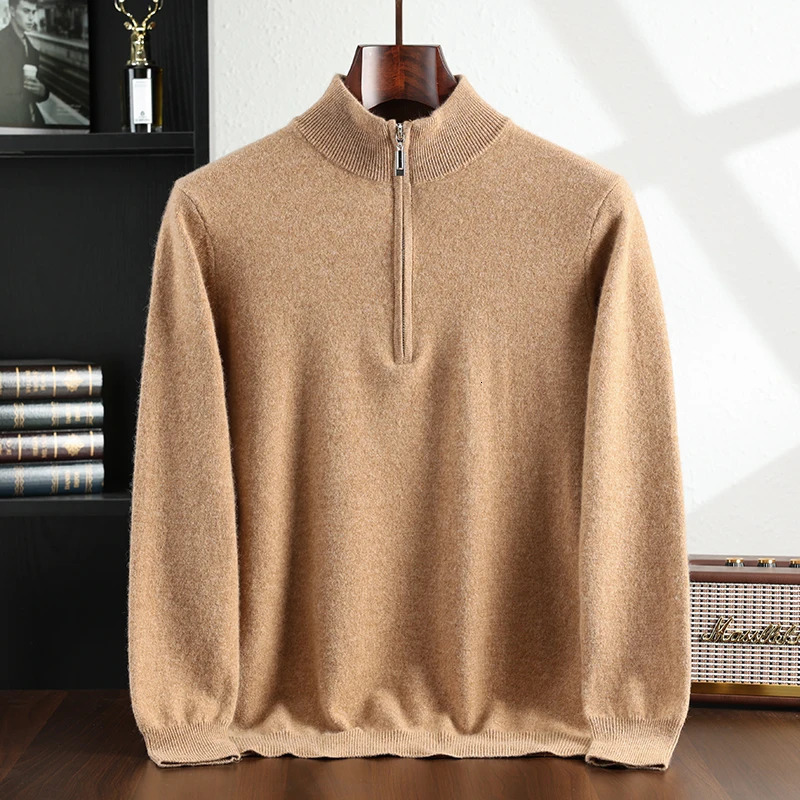 Autumn and Winter Collection 100% Cashmere Mens Casual Half Zipper High Collar Solid Color Sweater for Men 241213