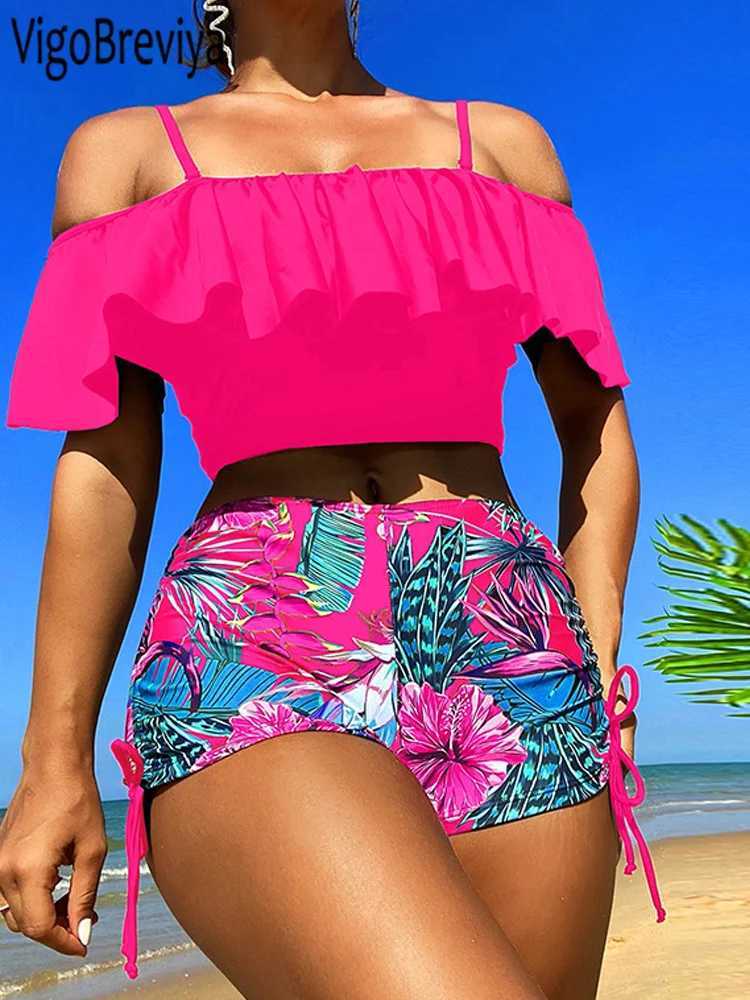 VigoBreviya 2025 Print Off Shoulder Strapped Swimwear Women Push Up High Waist Bikini Sexy ss Swimsuit Summer Bathing SuitXJ241212