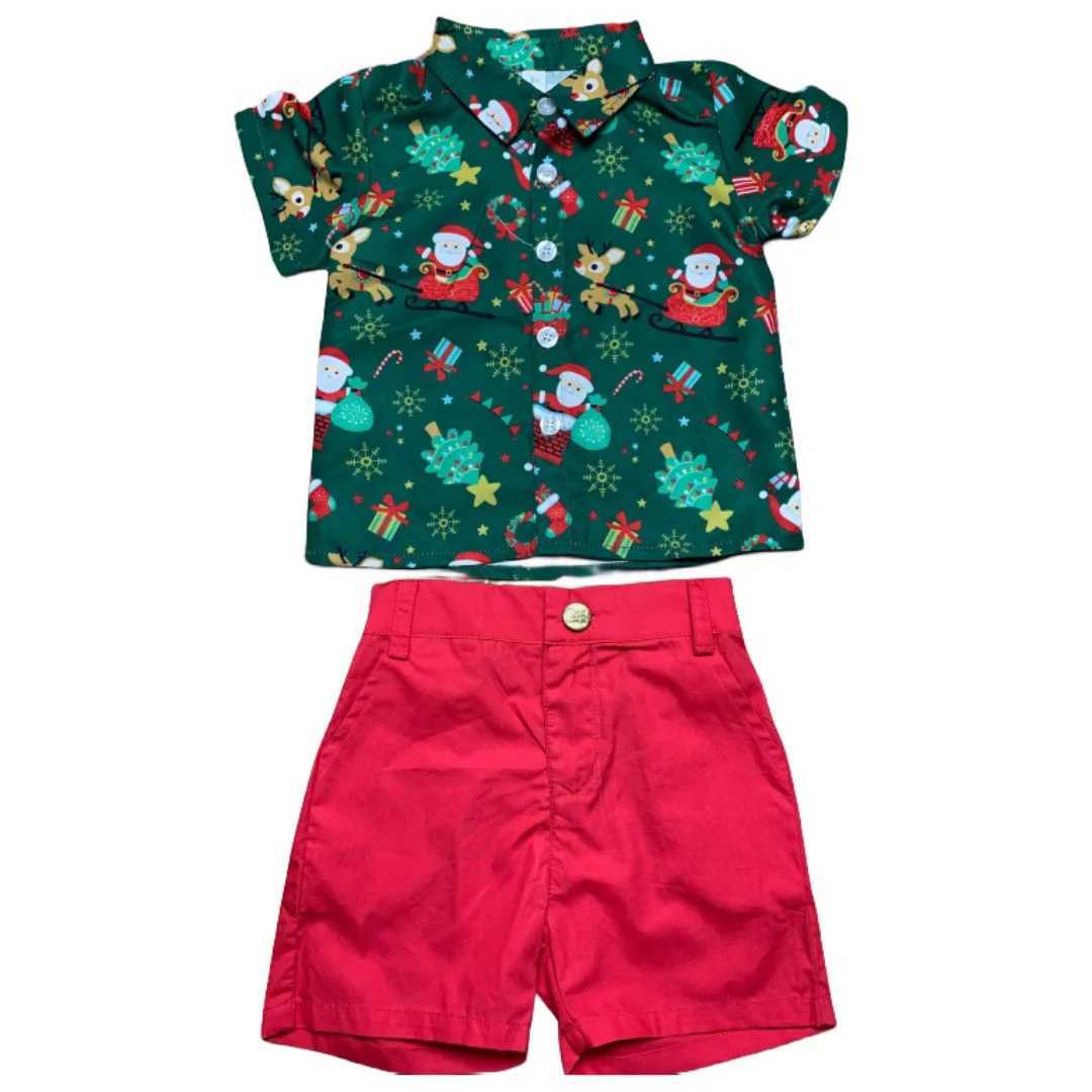 Autumn and winter casual and fashionable childrens Christmas shirt set Christmas short sleeved set boys two-piece set W241213