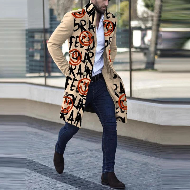 Man Single Breasted Jacket Letter Printing Button Long Slim Coat Sleeve Autumn Winter Warm Causal Harajuku Street Outwear 241213