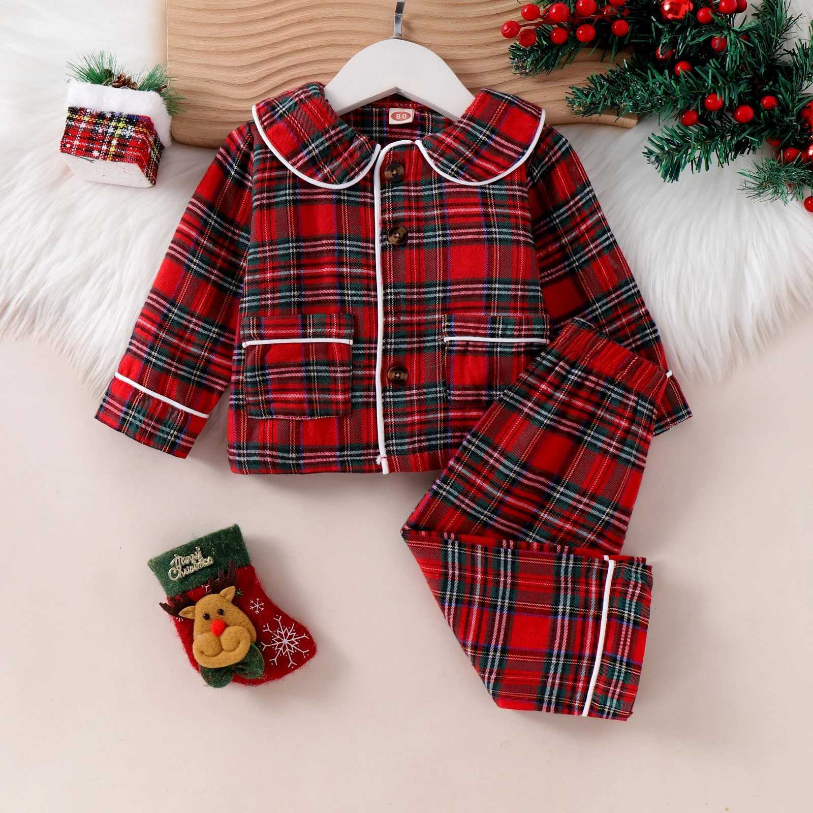 2PCS Autumn New Style For 1-3 Year Old Girls Comfortable And Fashionable Doll Collar Red Plaid Long-Sleeved Suit W241213