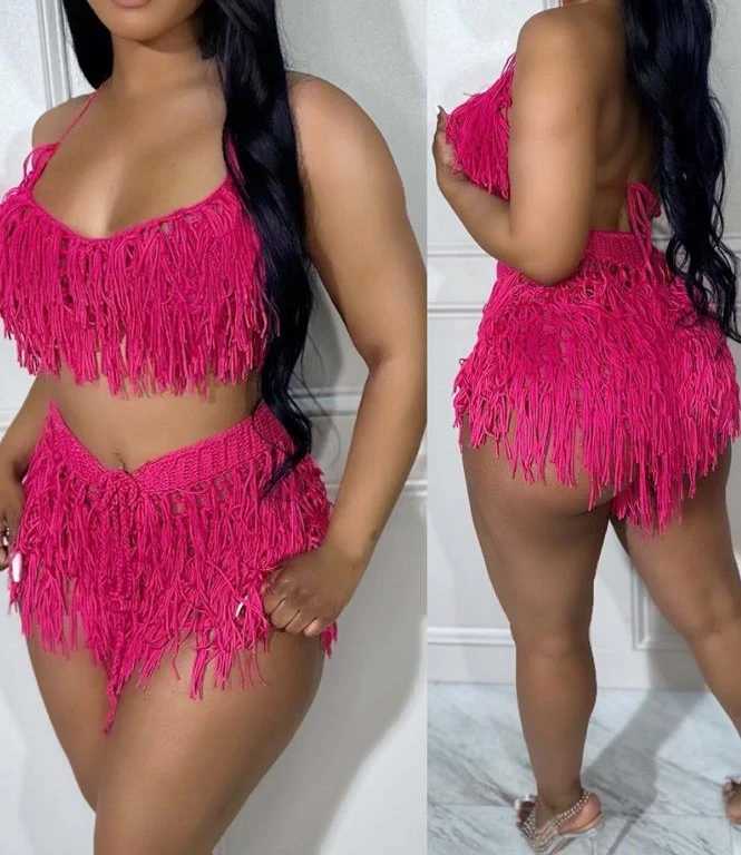 Women's Two Piece Pants Womens Two Piece Sets Outfit 2024 Summer New Sexy Spaghetti Strap Crop Crochet Top Fashion Tassel Design Shorts Set Casua