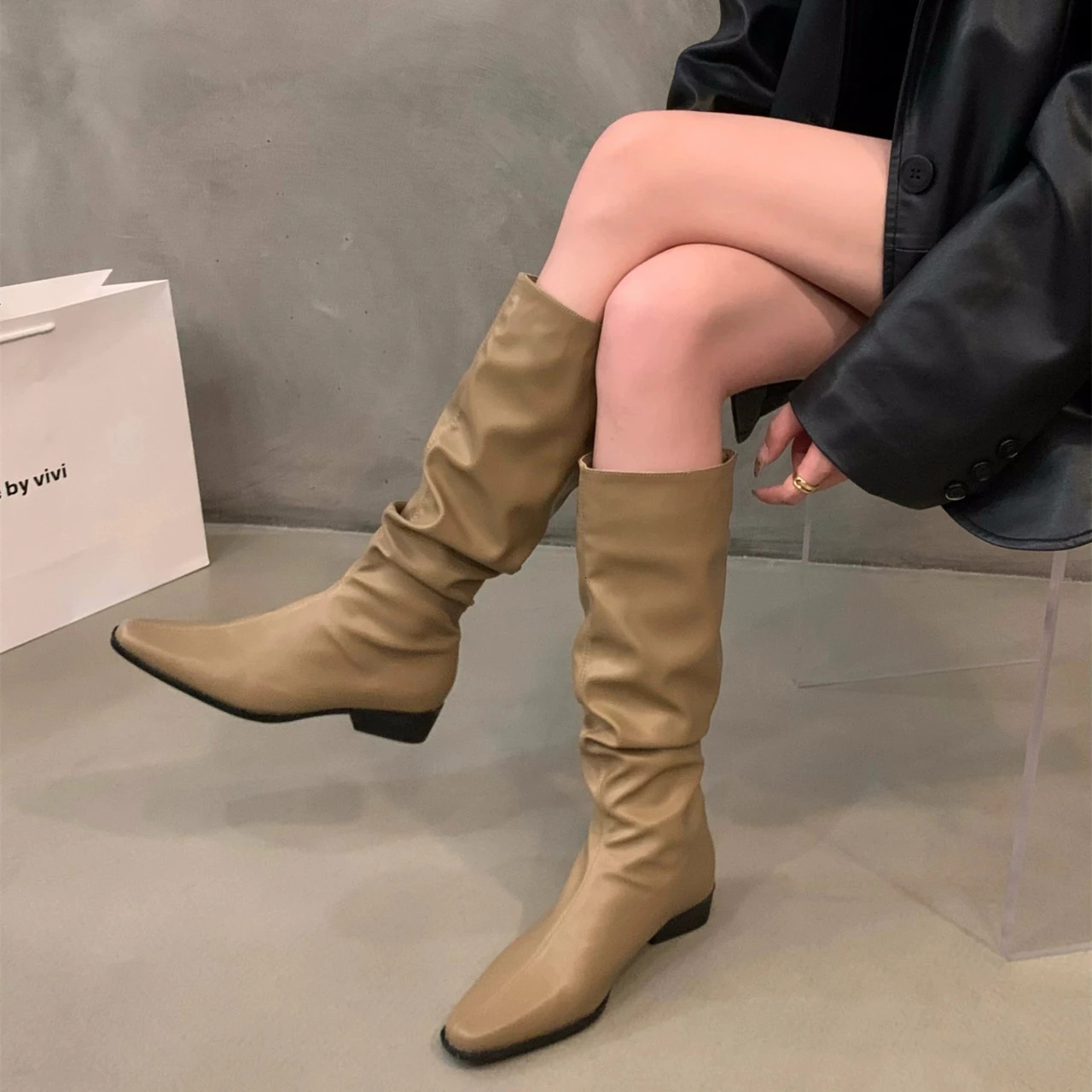 Women Knee High Boots Autumn Winter Female Shoes Fashion Female Slip-on Folds Low Heel Round Toe Flat Long Boots Womens Boots 241213