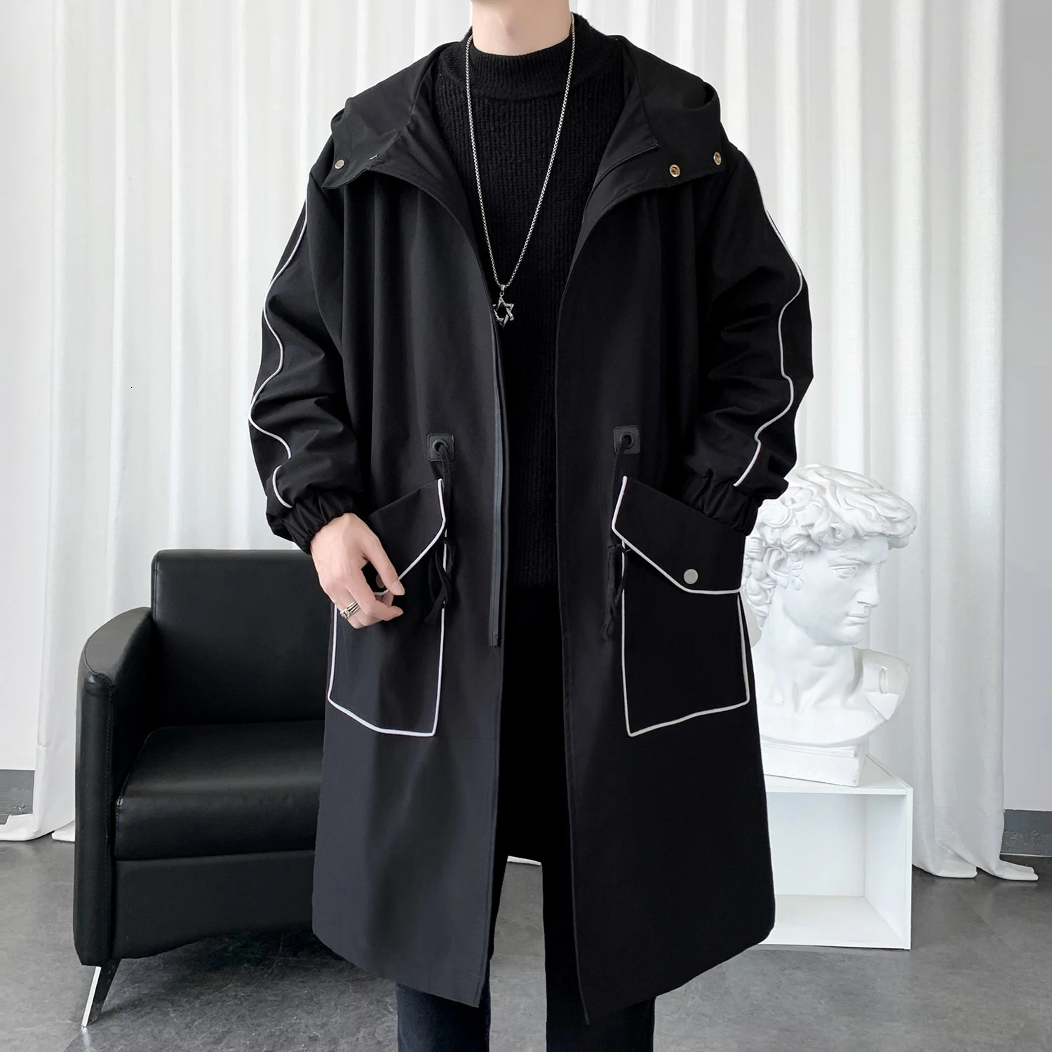 Males Long Windbreaker Hooded Trench Coat Contrasting Loose Oversized Jacket Patchwork Casual Tops Pocket Waistband Man Clothing 241213
