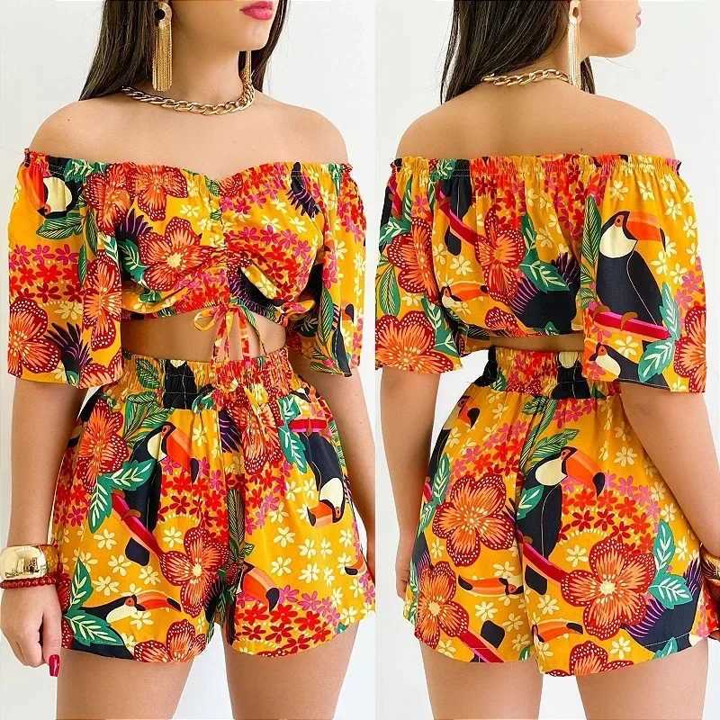 Women's Two Piece Pants Shorts 2 Piece Set Woman Outfit 2024 Summer Plant Print Fashion Versatile Off Shoulder Drawstring Casual Tops Suits for F