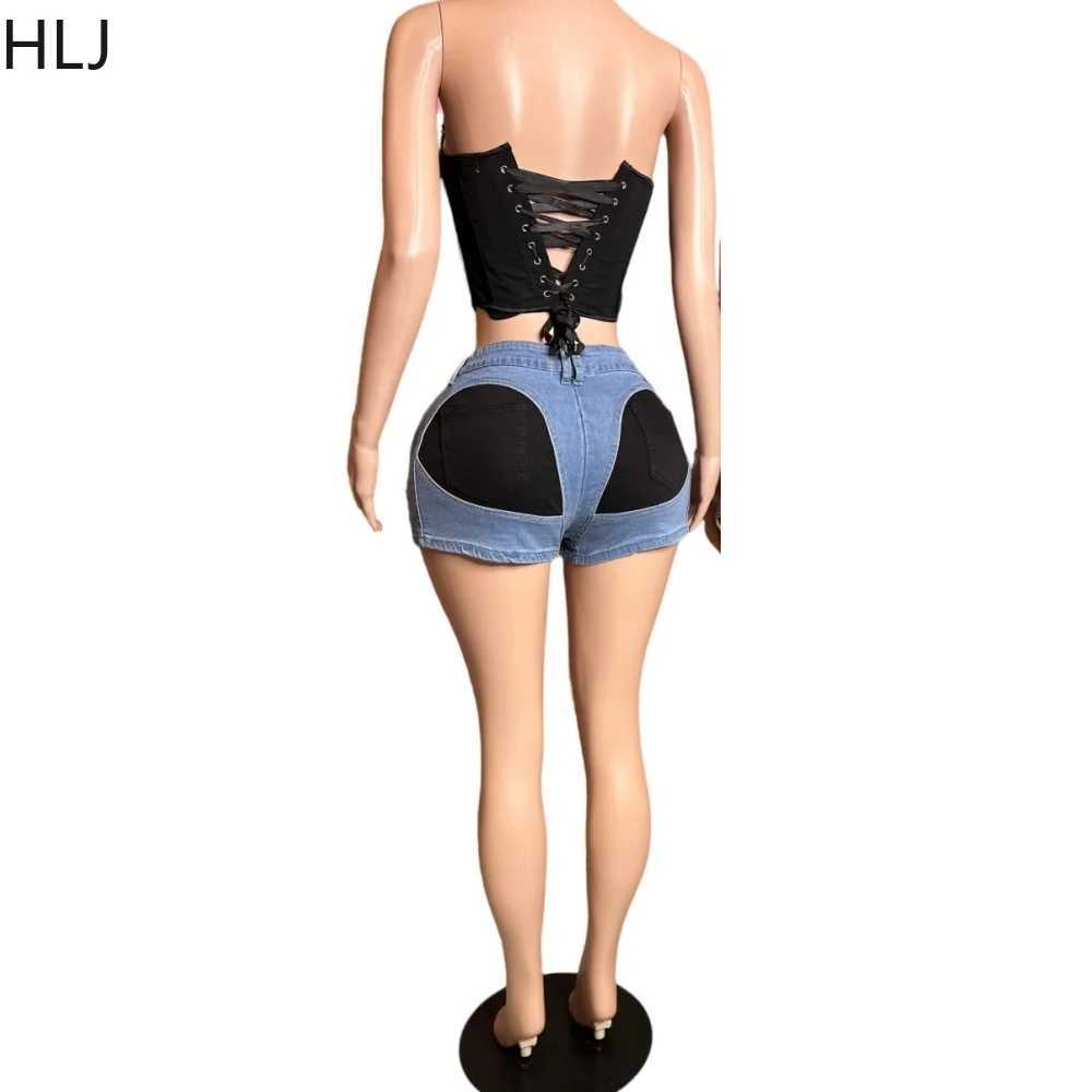 Women's Two Piece Pants HLJ Sexy Corset Slim Vest Two Piece Sets Women V Neck Slveless Backless Top And Jean Shorts Outfits Fashion 2pcs Strtwear