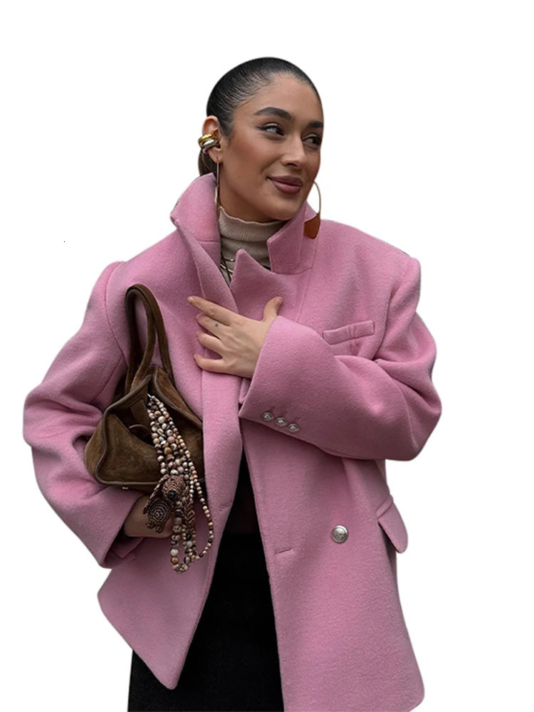 Woolen Women Jacket Stand Neck Long Sleeve Fashion Office Lady Coat Autumn Winter Street Pink Loose Thick Outwears 241213