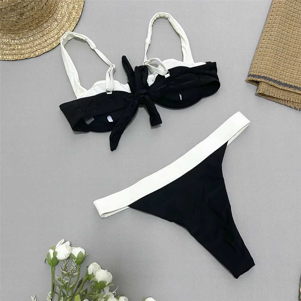 Black White Contrast Swimwear Push Up Bikini Set Sexy Swimsuit Women High Cut Bathing Suit Underwired Bikinis 2024 Mujer BatherXJ241212