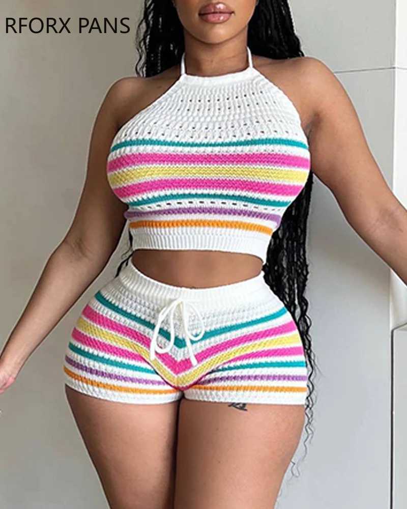 Women's Two Piece Pants 2024 Women Halter Colorful Slveless Elastic Waist Drawstring Bottom Mini Sexy Sweat Knitting Short Sets Y241213L4EP