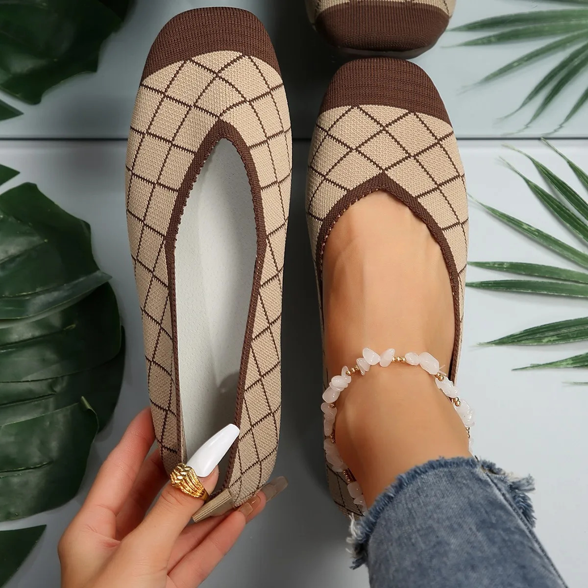 Womens Flat Shoes Solid Color Knitted Slippers Casual Breathable Ballet Flat Shoes er Shoes Loafers Womens Sports Shoes 241213