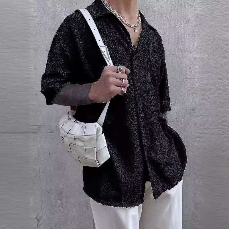 Foreign Trade European And American Summer Men's Clothing New Style Solid Color Sexy Mid Sleeve Mesh Perspective Lace Top Shirt Fashion Quality C
