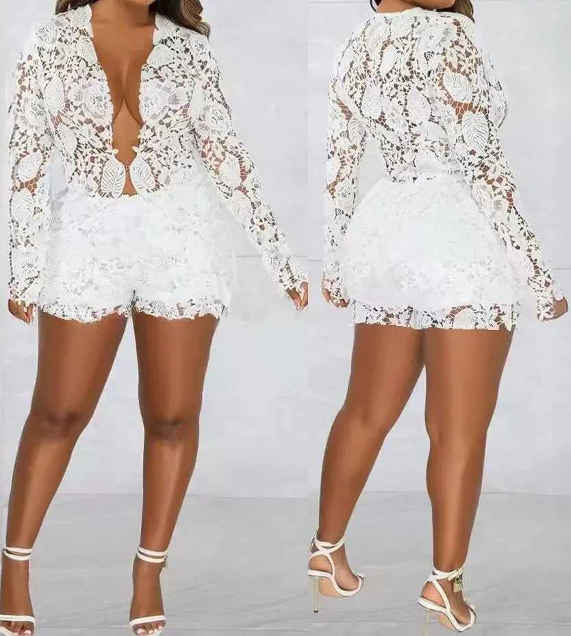 Women's Two Piece Pants Temperament Two Piece Set Women Outfit Sexy Elegant Night Out Long Slve Guipure Lace Top Fashion Shorts Set 2024 Summer Y