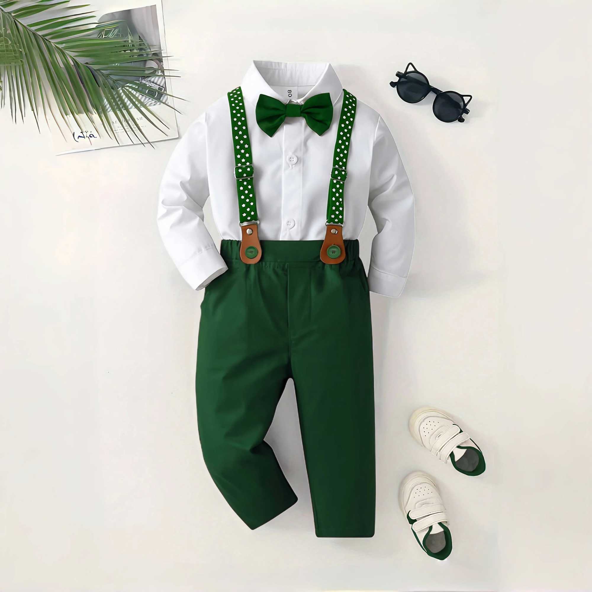Christmas Outfit for 1-7 Years Boys Long Sleeve Solid 4PCS Sets Kid Gentleman Birthday Cotton Clothing Star Suspender Baby Suit W241213