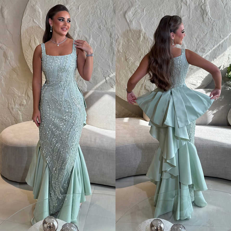 Evening Dresses For Women Square Collar Sleeveless Gown Sequins Appliques Prom Party Sweep Train Customized Dress