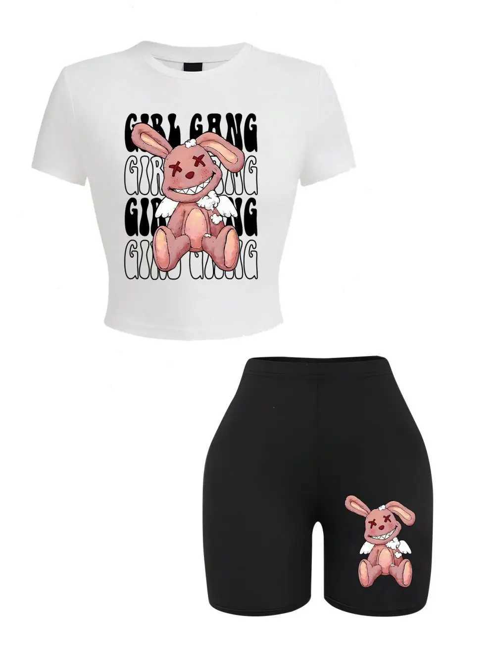 Women's Two Piece Pants Sporty Womans Crop Tops Shorts Two Pieces Set Girl Gang Bad Laughing Rabbit Prints T-Shirts High Elastic Soft Slim Clothe