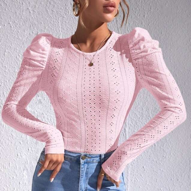 2023 European American autumn and winter new solid color long sleeved jacquard fashionable casual T-shirt