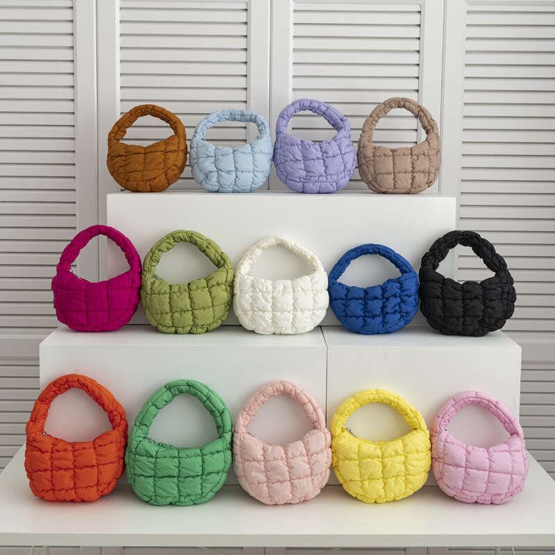 2024 New for Women, Small and Popular, Checkered Down Cotton Bubble Fashionable Handheld Bag, Korean Folded Cloud Bag