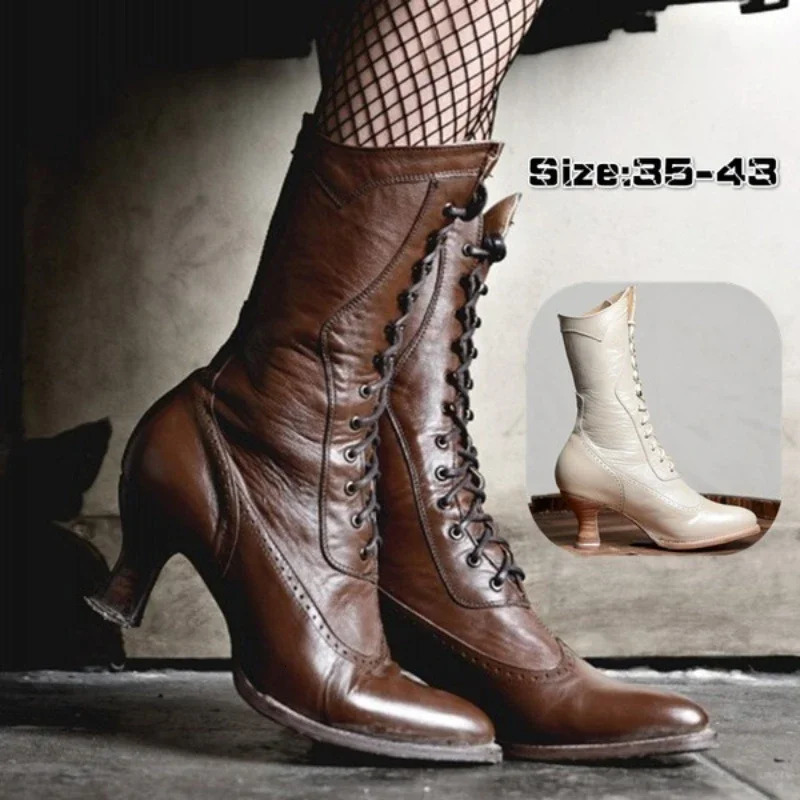 British punk womens shoes retro knight boots medieval PU leather ankle boots fashionable womens role-playing high heels Botas Mujer 241213