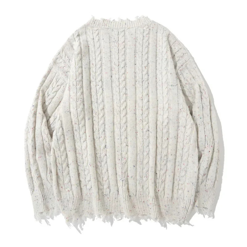 Trendy Vintage LooseFit Fringe Sweater Mens Casual Crew Neck Knitted Top Street Style Couple Cable Knit 241213