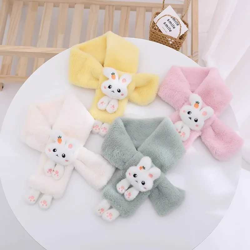 Scarves Wraps Boys Girls Winter Scarfs Thick Plush Cross Childrens Scarf Baby Bib Cute Cartoon Rabbit Faux Fur Neck Protection Warm Shawl H241213