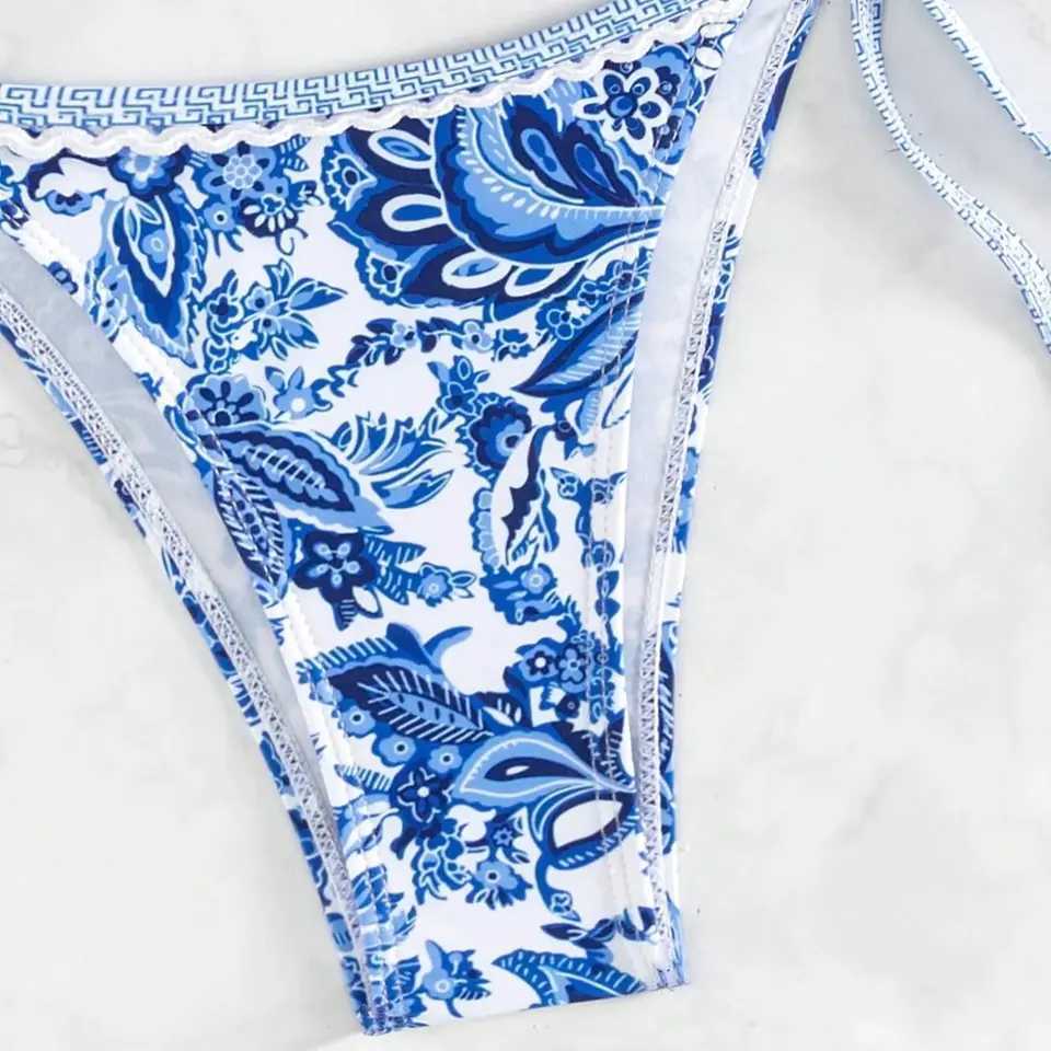 Print Flower Bikini Set Triang Pad Bra Low Waist Triang Beach Shorts Strip Tie Swimming Suit Fa Sexy SwimwearXJ241212