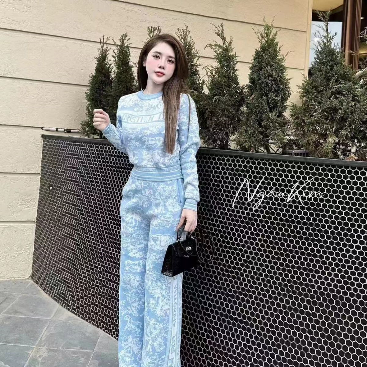 Autumn And Winter New Pullover Top Round Neck Letter Knit Wide Leg Pants Temperament Age Reducing Two-Piece Set