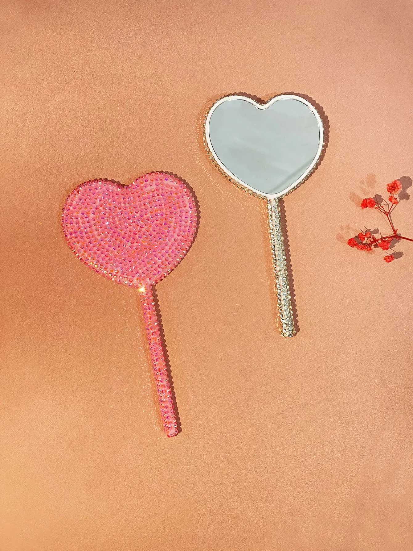 Diamond-encrusted love hand-held cosmetic mirror lollipop mirror heart-shaped handle mirror creative hand-made DIY small mirrorXJ241213
