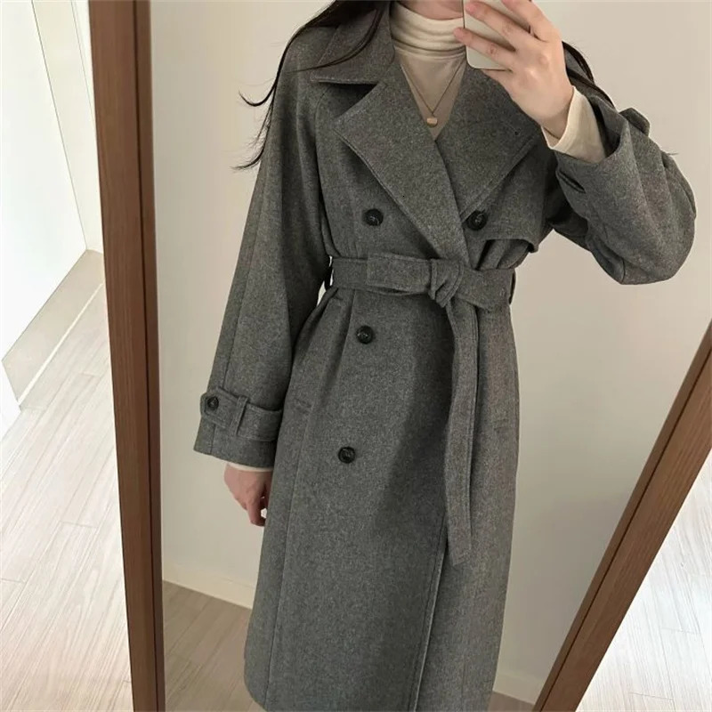EWQ Korean Temperament Double Breasted Laceup Doublefaced Cashmere Coat Women Winter Thick Overcoats Autumn 16O2722 241213