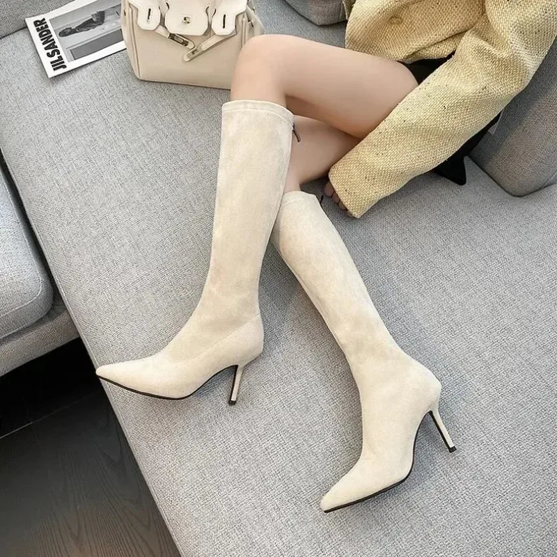 Fashion High Knee Boots Europe and America Sexy Stiletto Shoes Mid calf Boots Womens Elastic Pointed Modern Boots Women Shoes 241213