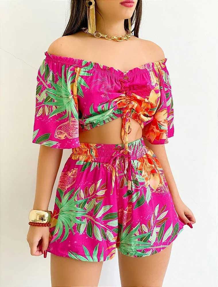 Women's Two Piece Pants Sexy Off Shoulder Slash Neck T-shirt Shorts Set Office Lady Floral Print Lace Up Short Slve Two Piece Set Women Outfit 20