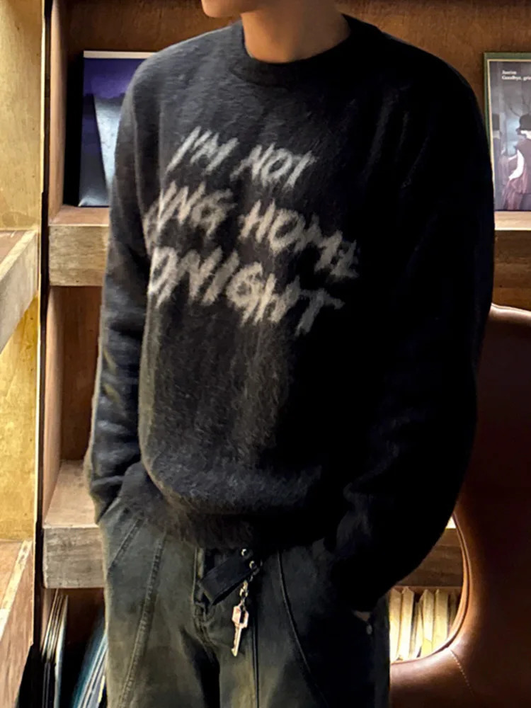 Korean Style Mens Mohair Sweaters Casual Round Collar Letter Print Loose Pullover Tops Trendy Male Knits Winter 241213