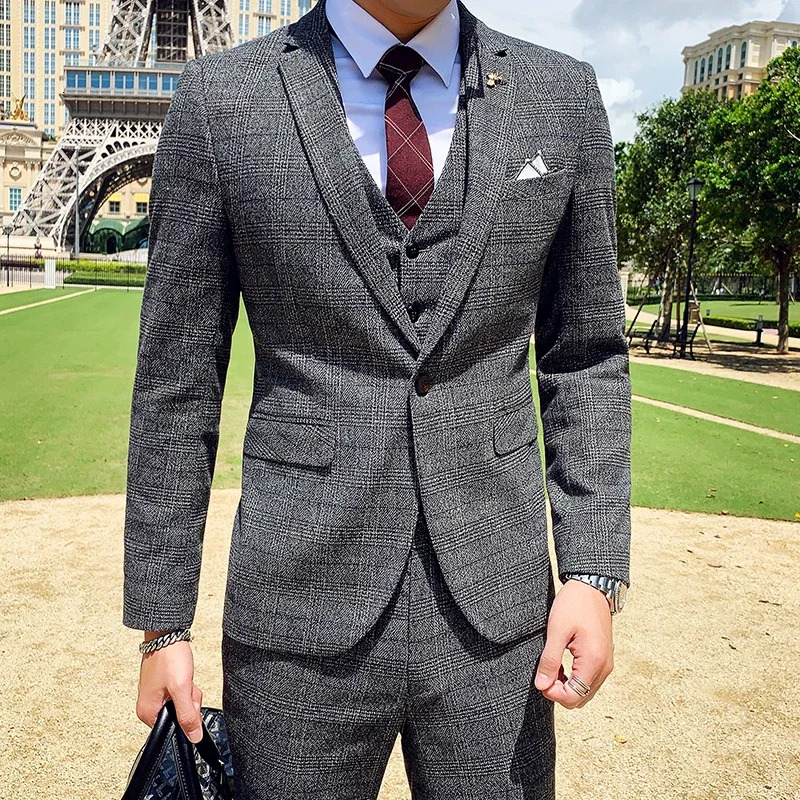 Men's Suit Jacket Vest Pants Fashion Boutique Plaid Casual Business Male Groom Wedding Tuxedo Dress 3 Pieces Set Blazers Coat