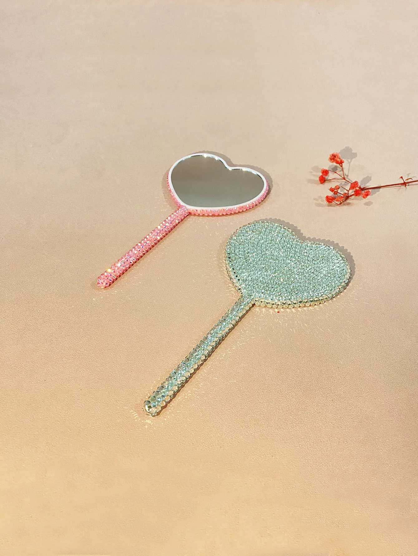 Diamond-encrusted love hand-held cosmetic mirror lollipop mirror heart-shaped handle mirror creative hand-made DIY small mirrorXJ241213