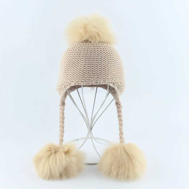 2019 New Autumn Winter Baby Beanie Real Fox Fur Pompom Hat Warm Wool Cap Kids Clothing Accessories Knitted Hat SkulliesXJ241213