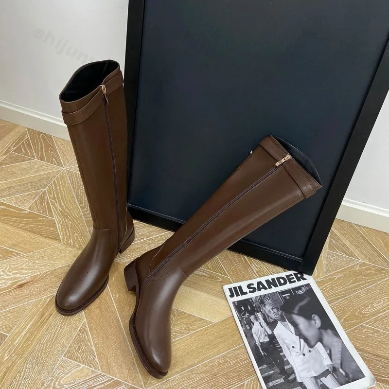 Retro Warm Plush Womens Knee High Boots Fashion Buckle Shoes Autumn Winter Low Boots Womens Knight Long Boots 241213