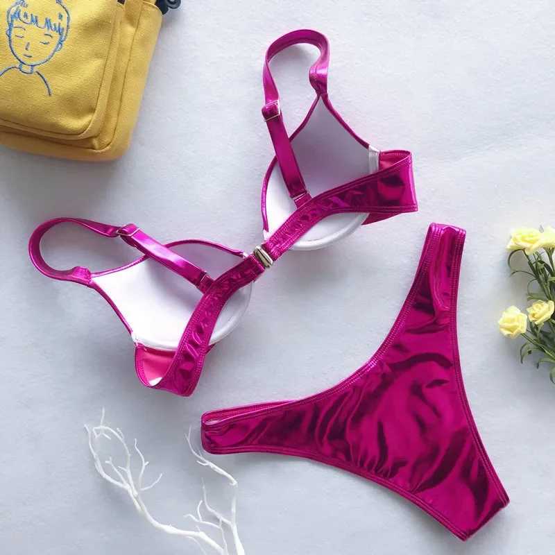 Metallic Summer Push Up Padded Bra Bathing Suit Beach Wear Women Sexy Thong Bikini Set Silver Gold Dropship Biquini SwimwearXJ241212