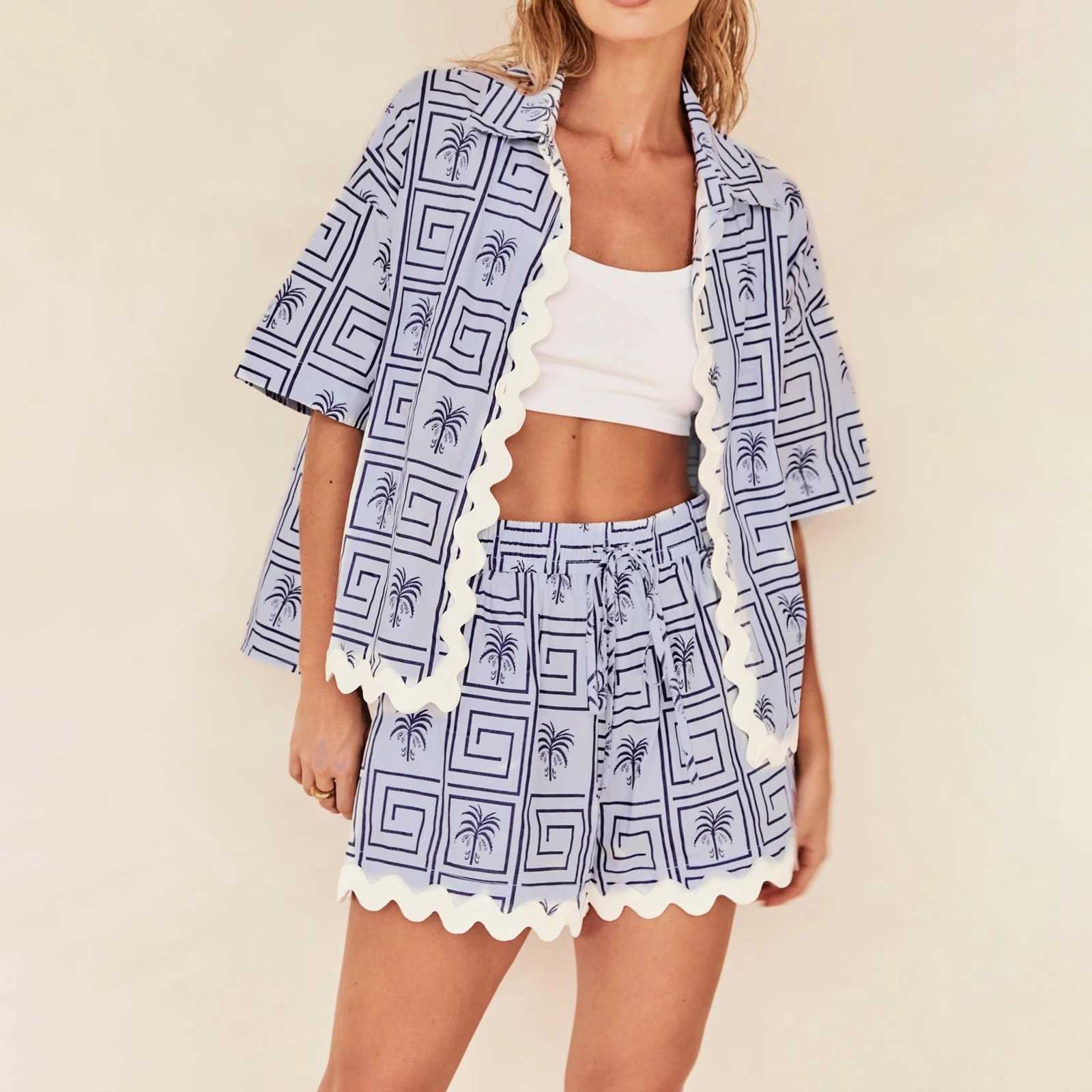 Women's Two Piece Pants Hirigin Vinatge Women Lounge 2 Piece Outfits Short Slve Button Down Shirt Shorts Set Y2k Summer Beach Vacation Printed Se