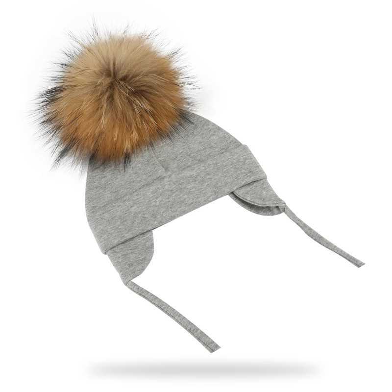 Autumn Winter Natural Raccoon Pompom Cotton Cap For Newborn Earflap Baby Hat With Real Pompon Kids BonnetXJ241213