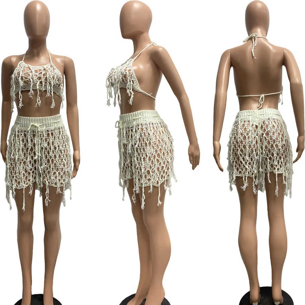 Women's Two Piece Pants Womens Two Piece Sets Outfit 2024 Summer New Sexy Spaghetti Strap Crop Crochet Top Fashion Tassel Design Shorts Set Casua