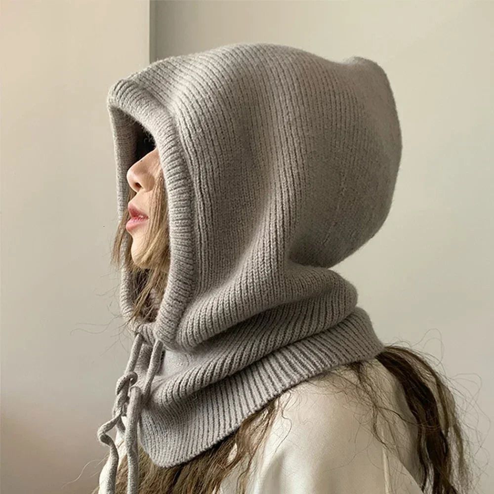 Winter Balaclava hat collar thick knitted wool lapel hat Korean womens cotton ear protection lapel hat accessories 241205