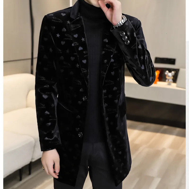 Blue Print Velvet Warm Coat ner Men Winter Wool Blends Jacket Trendy Slim Fit Long And For 241213