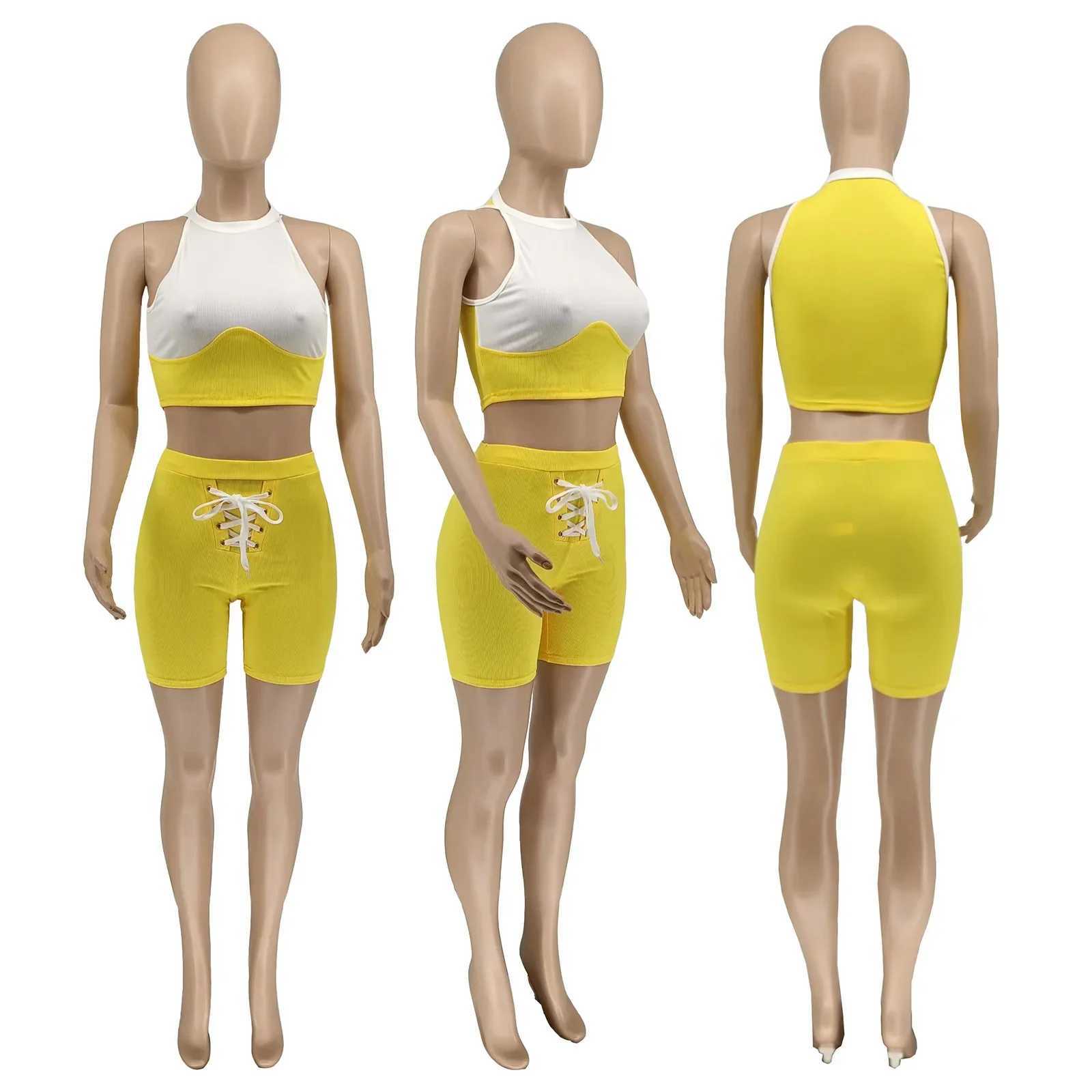 Women's Two Piece Pants CM.YAYA Elegant Knit Womens Set Patchwork Tank Top and Lace Up Shorts Tracksuit Two 2 Piece Set Fitness Outfit 2022 Sweat