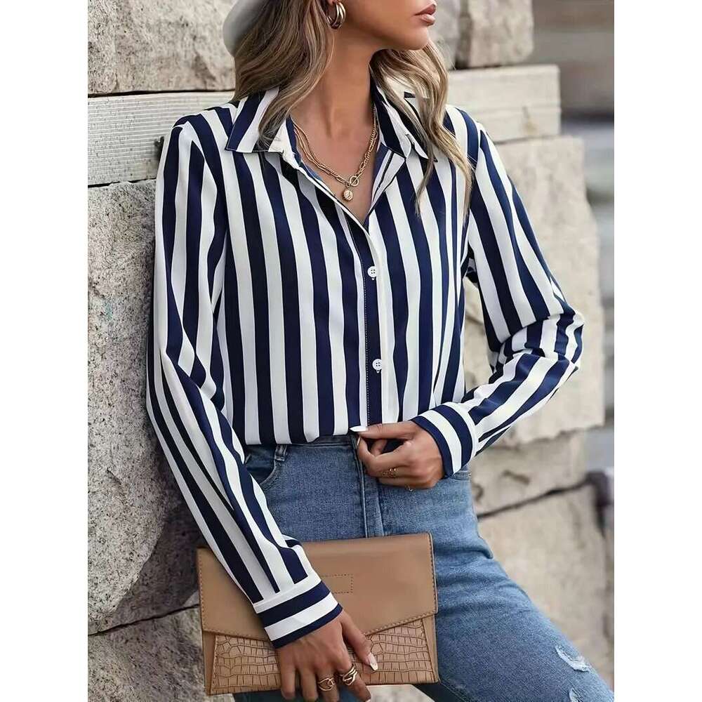 European American Clothing Spring Summer New Products, Versatile Blue Striped Shirts, Women's Trendy Clothing, Fashionable And Casual Temperament
